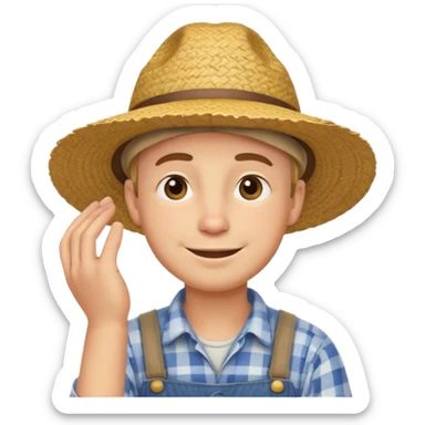“A single emoji-style character combining 👨‍🌾😄 and 🤔: a smiling farmer with a straw hat, one hand under his chin in a strong thinking gesture, eyes looking upward thoughtfully, expressive face, clean flat emoji design, bold outlines, soft colors, transparent background.” sticker