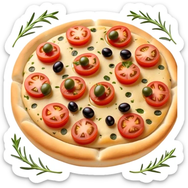 cinematic-realistic-isometric focaccia-bread-dish-emoji,-depicted-as-a-golden,-olive-oil-brushed-flatbread-sprinkled-with-herbs-rendered-with-lifelike-texture-and-soft,-appetizing-lighting showing olives on top and the cherry tomatoes sliced sticker