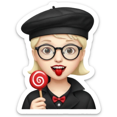 Vampire with lollipop, beret and glasses, teeth looks like vampire sticker