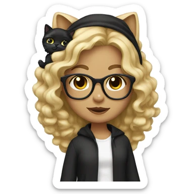 Girl medium blonde wavy hair glasses holding black cat sticker