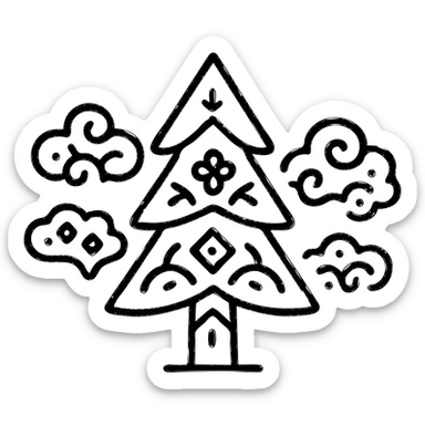 simple single evergreen tree with clouds blending Scandinavian and Slavic folk motifs, dark neutral forest color tones, illustrated outlines, suitable for favicon sticker