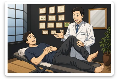 su questo lettino rappresenta un webtoon manga a colori con questo stile, in cui un uomo è steso sul lettino medico e il kinesiologo con il camice bianco (fagli anche la scritta "ANTONIO ANANIA" SUL CAMICE, gli solleva una gamba per fargli il test neuromuscolare, IL KINESIOLOGO SPIEGA ALL'UOMO UNA cosa mentre gli alza la gamba. l'espressione dell'uomo è felice e soddisfatta, non fare i fumetti però, fai solo in modo che sembri stiano parlando sticker