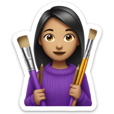 Half Asian girl in bright purple sweater holding paintbrushes and pencils sticker