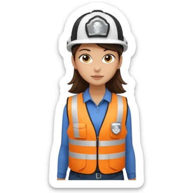 Brunette brown Girl full body standing with her white security helmet and security vest that fits her big on, also with her black backpack. Full body sticker