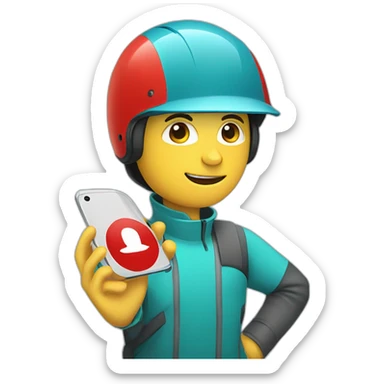 young guy with red bicycle helmet wearing a high visibility suit holding up a smart phone visibility suit sticker