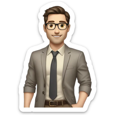 Pale skinned fit man with dark brown hair in gray jacket, beige office shirt, brown tie, brown pants and vintage glasses Writing on the marker board sticker
