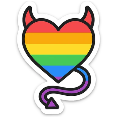 minimalist devil heart icon, heart with two horns and a pointed tail, all rainbow, pride theme sticker
