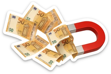 banconote di euro fluttuano vicino ad una calamita rossa, sono attratte, iperrealistico 4k sticker