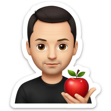 Paul Landers, guitarist of Rammstein, apple style emoji, short dark hair, playful smirk, black shirt sticker