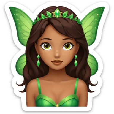 Pretty girl with caramel skin. Dark brown hair and brown eyes. She has freckles. Wearing sexy makeup. Wearing a green fairy costume and heels sticker