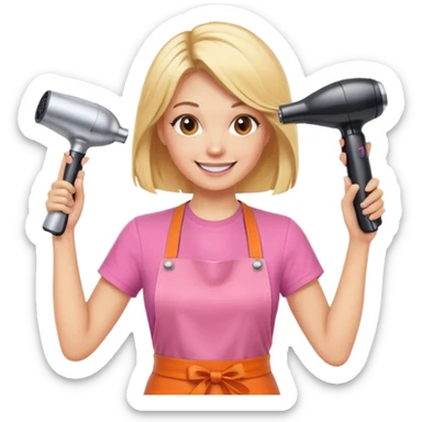 blonde female hairstylist smiling, pink t-shirt, orange apron, hands up, holding scissors and hairdryer sticker