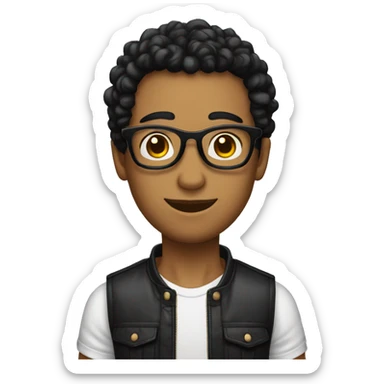 chico con cabello rizado negro, piel morena y que use lentes sticker