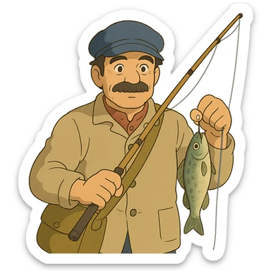 ghibli style fisherman wearing a blue cap sticker
