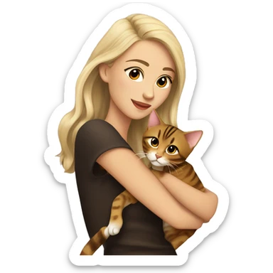 Beautiful skinny woman long dark brown hair in dark dress with gold earrings with man blond hair hug bengal cat sticker