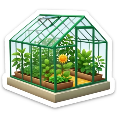 A 3D cartoon greenhouse filled with green plants and sunlight streaming through glass panels, earthy floor, bright natural light, Memoji-style texture and depth. sticker