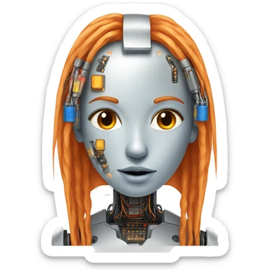 Head of female robot with long orange hair and circuits sticker