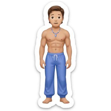 Mark Wahlberg with brown hair, latex periwinkle baggy pants, shirtless with necklace sticker