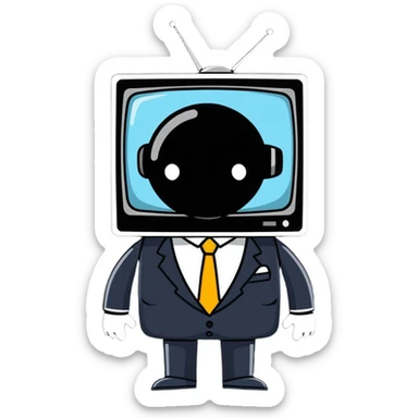 a humanoid figure with a TV for a head, wearing a formal suit, fun and friendly sticker