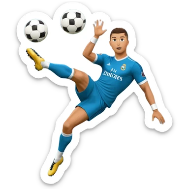 Ronaldo doing a bicycle kick with football in mid air While wearing a Retro blue Real madrid kit and yes i want it to be exactly the same as he Scored it in 2018 vs Juventus and please make it Realistic  sticker