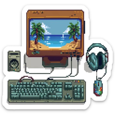 windows desktop pc with keyboard, monitor, mouse, and headphones, pixel art style sticker