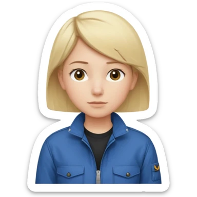 Calm and independent female engineer, fair skin, short straight blonde hair tucked behind the ears, neutral but focused expression, wearing a fitted blue utility jacket over a black crew-neck top, waist-up, front-facing sticker