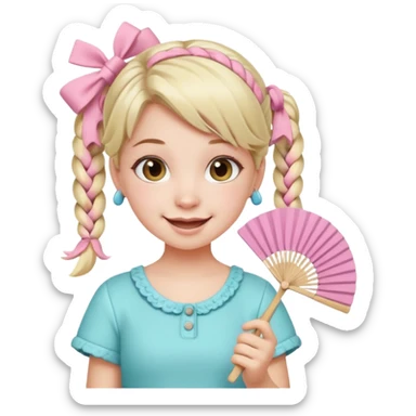 A pigtail girl in modern outfit using a pastel fan with playful expression. sticker