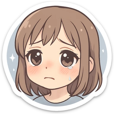 anime-style girl emoji, sad expression, glossy eyes, single tear, pink cheeks, pastel blue-gray background with sparkles, soft, sensitive, emotional look sticker