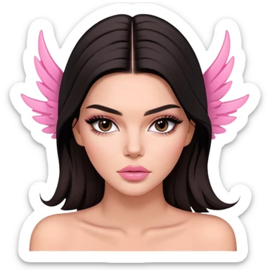 Kendall Jenner model, elongated face, long flowing dark hair, pink glossy lips, pink blush on cheeks, dramatic winged eyeliner, bare shoulders sticker