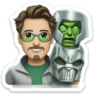 Robert Downey Jr. dressed as Doctor Doom and holding Doctor Doom masks sticker