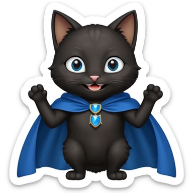 an all black anthropomorphic cat with blue eyes wears an all black cape and is smiling a mischievous sharp tooth grin sticker