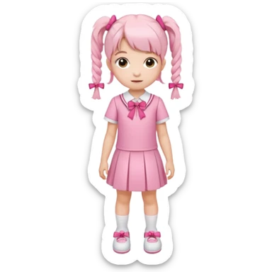 small girl wearing pink student uniform, white dress, white shoes and a bow on her pigtail hair sticker