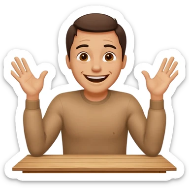 A man is laughing and knocking with both hands on the table in front of him sticker