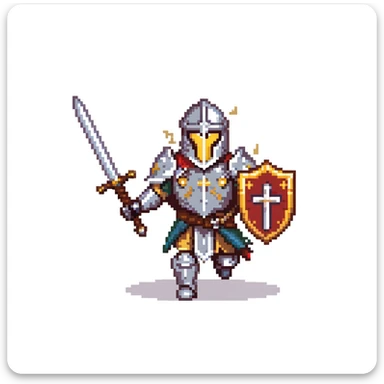running paladin knight in shining armor with holy symbols and a sword sticker