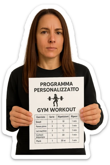 Donna con in mano Scheda di allenamento di palestra con scritto "Programma Personalizzato" sticker