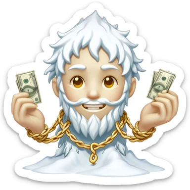 Snow elemental shaped more like a human—think tall, jointed limbs, maybe even facial expressions made of snow flaunting money wearing gold rope chain sticker