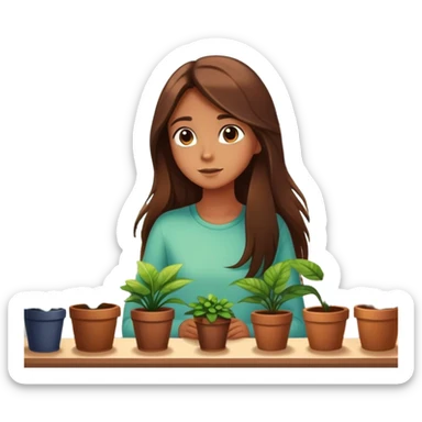 Girl with long brown hair looking out a window with sunbeams and houseplants around her in the background cartoon style  sticker