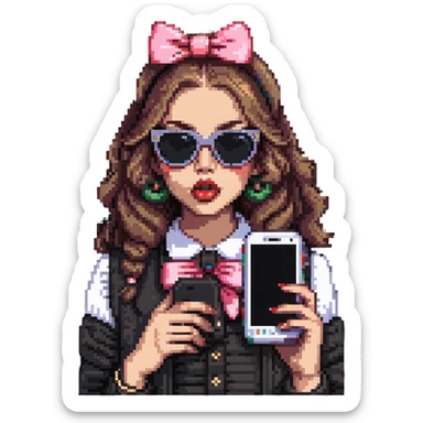 Girl with huge lips, sunglasses, bow on her hair, holding a phone with attitude sticker