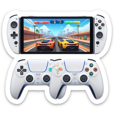 An icon showing a split-screen game display with two sections, each featuring different gameplay action. Two PS5 controllers rest below, symbolizing local multiplayer fun. The design captures the excitement of competitive and cooperative gaming. A transparent background sticker