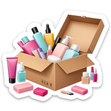 a cardboard box with assorted beauty products like compact, lotion, and nail polish spilling out sticker