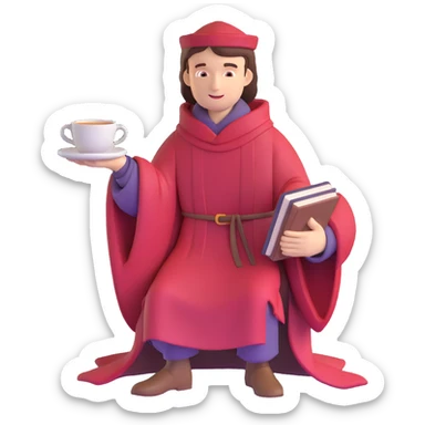 person with book and teacup, Chaucer in medieval robe behind, simple background sticker