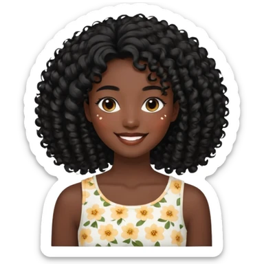 a young woman.She has voluminous, curly black hair that frames her face beautifully. Her skin tone is black light and glowing, and she has a subtle, natural makeup look. She’s smiling softly at the camera. She is wearing a white floral top sticker