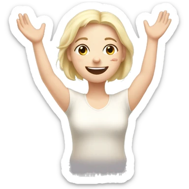 Happy pale girl wakes up in bed and stretches hands up in the air  sticker