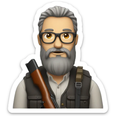 guy with very long beard wearing glasses holding a shotgun sticker