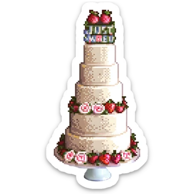 white wedding cake with strawberries, pink roses, 'Just Married' topper, pixel art style sticker