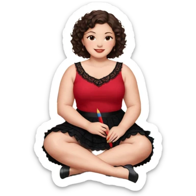 A plus-size brunette woman with short, dark brown curly hair is wearing a red sleeveless shirt and a black lace ruffled skirt. She is sitting on the floor with her legs crossed, holding a crayon in one hand. On the floor are five stacked colorful books and a glass vase with red roses. sticker