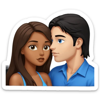 Brown sexy girl with brown eyes long brown hair and sexy white man with black hair blue eyes kissing in car sticker
