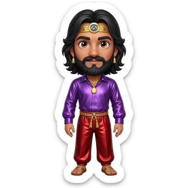 King Solomon with hazel eyes, long black hair, royal purple metallic shirt, red metallic baggy pants, gold necklace and earrings sticker