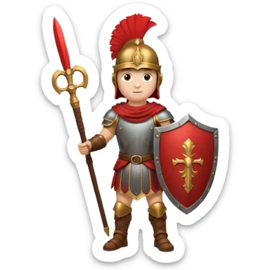 A strong Roman soldier in red-plumed helmet, bronze armor, and firm shield stance.
 sticker
