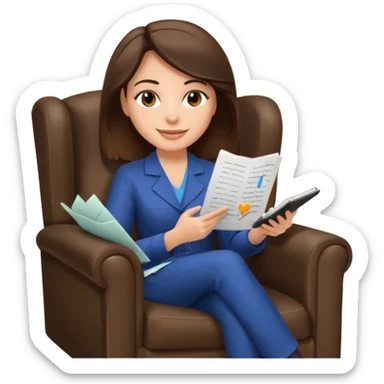 female therapist, brunette, brown eyes, light skin, sitting in an armchair with notes sticker