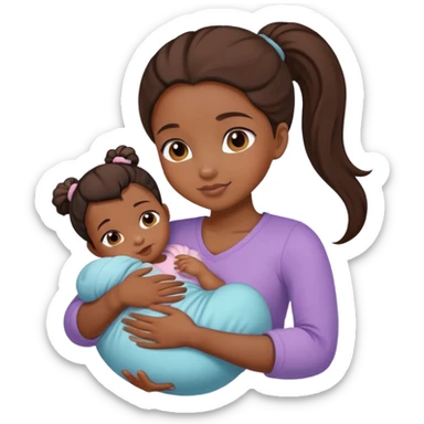 black Ponytail girl hugs a newborn baby and a girl sticker